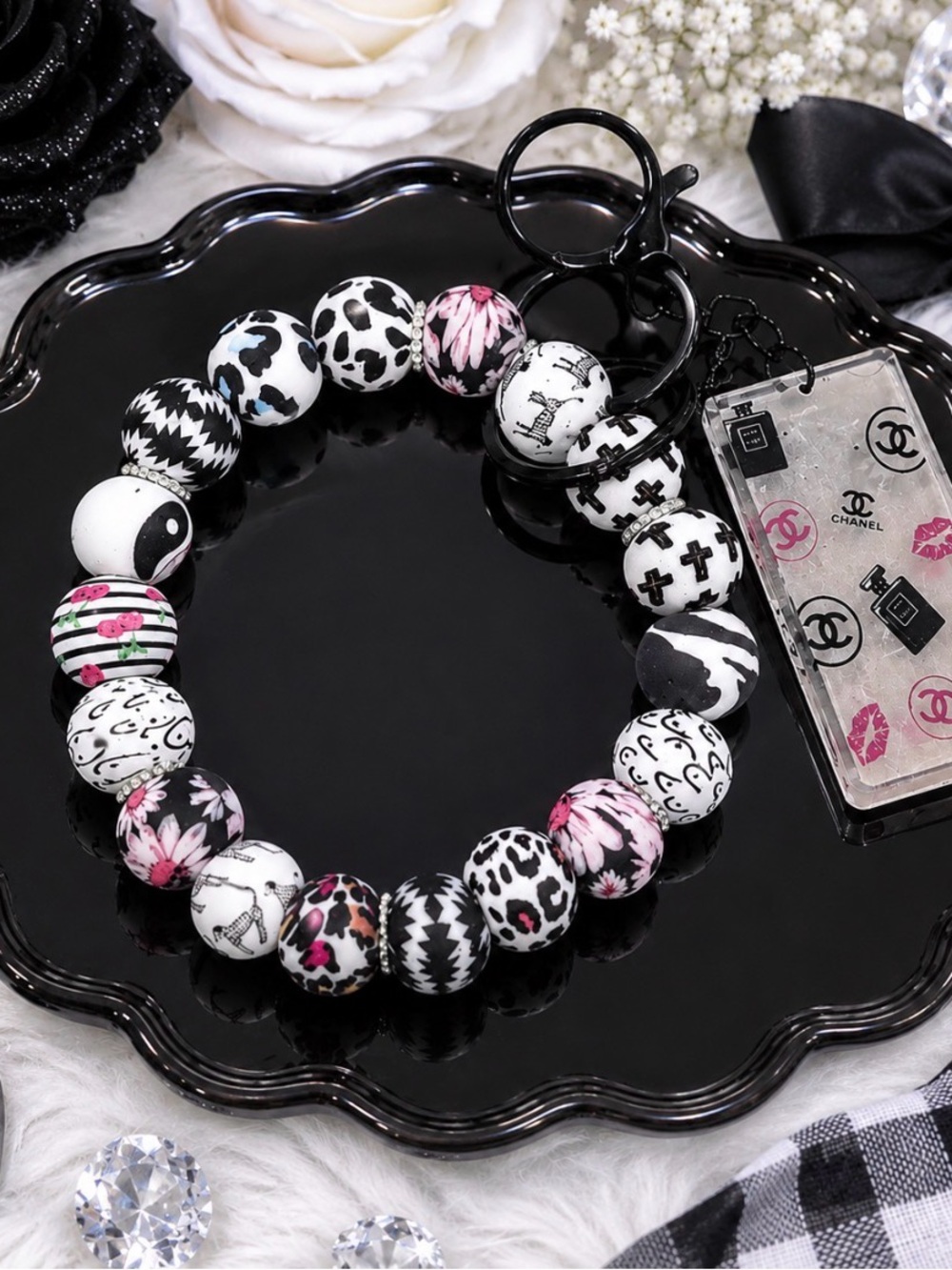 Stylish Black and White Beaded inspired wristlet keychain